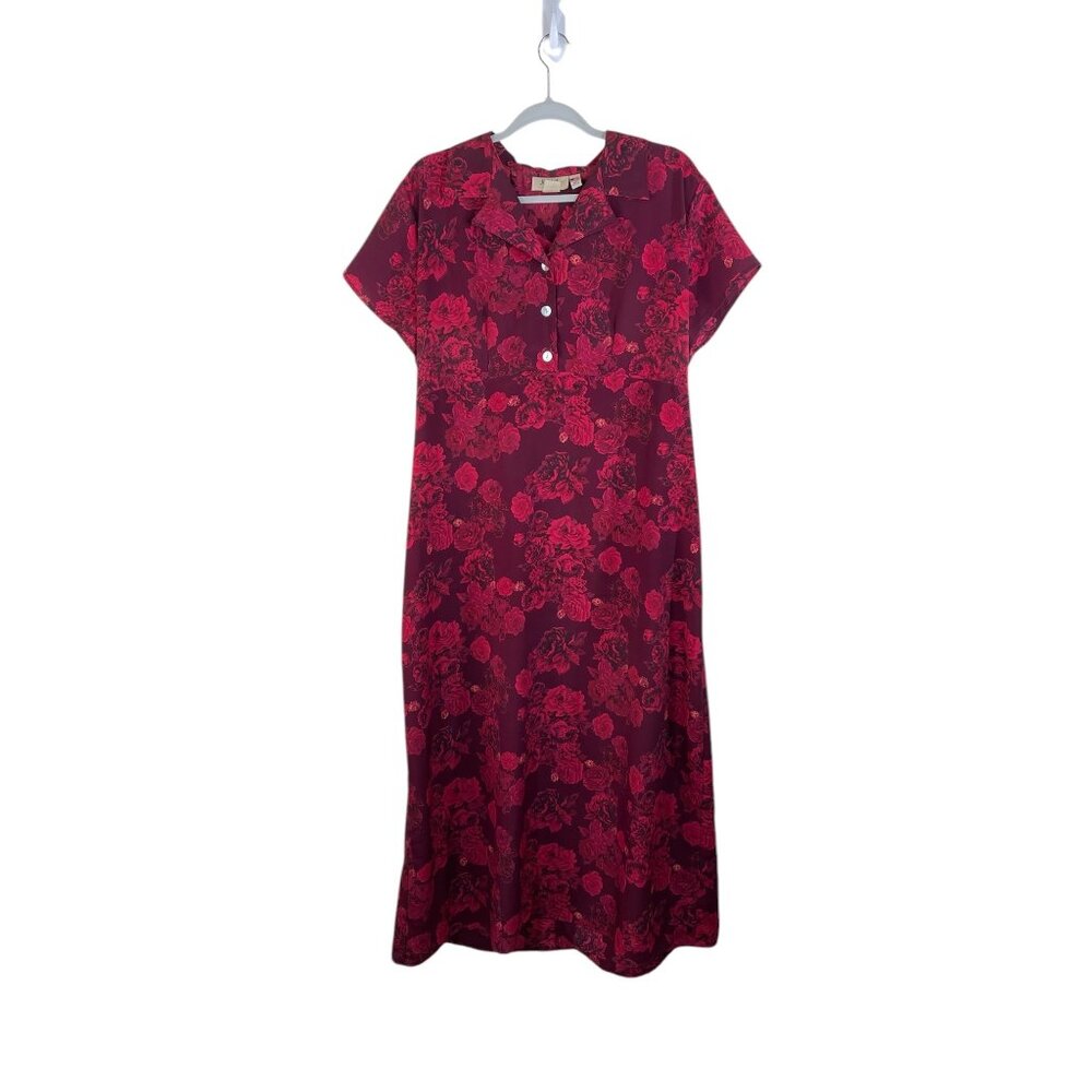 Vintage Jody California Floral Button Front Dress Burgundy & Red Maxi 18